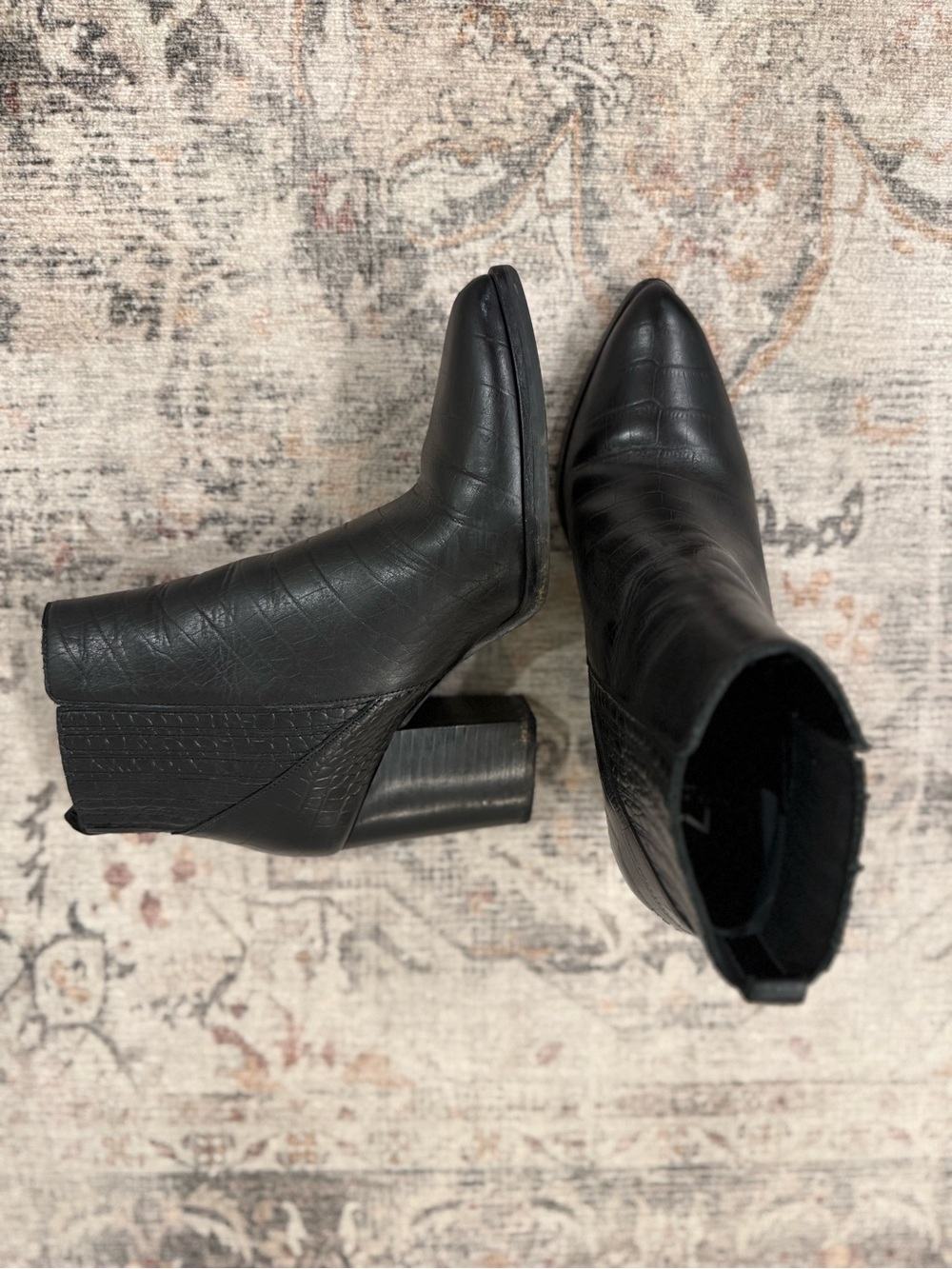 Marc Fisher Black Croc Pointed Toe Block Heel Ankle Boots - Women